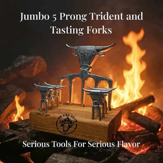 Set of jumbo 5 prong trident and tasting forks with a rustic design against a fire background.