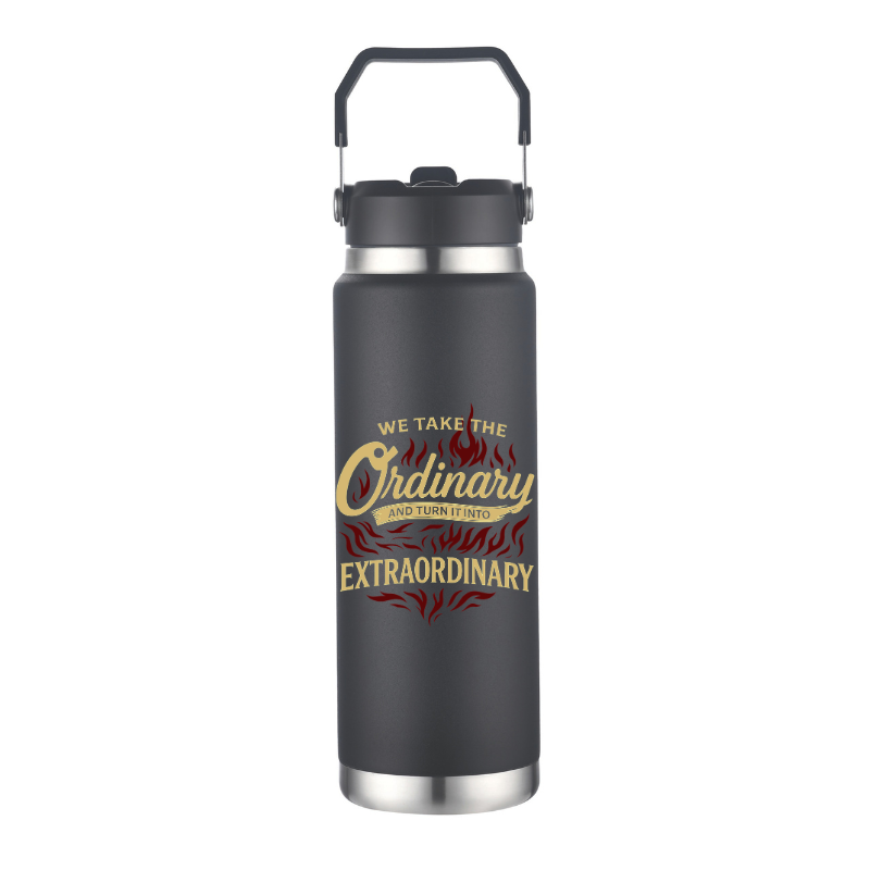 Black insulated bottle with motivational quote on a white background
