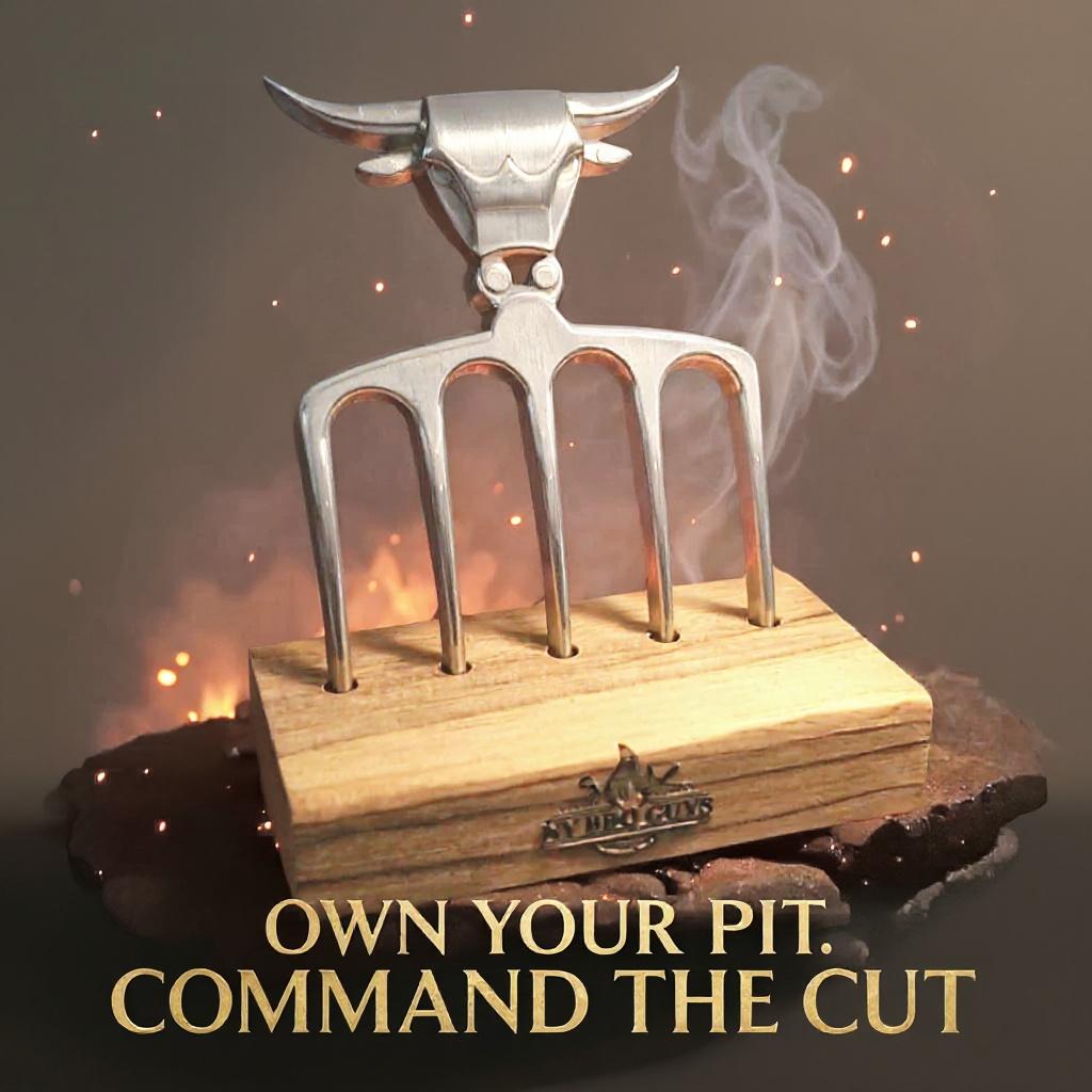 Metallic grill fork on a wooden stand with 'Napoleon' branding, against a dark background with text 'OWN YOUR PIT. COMMAND THE CUT'.