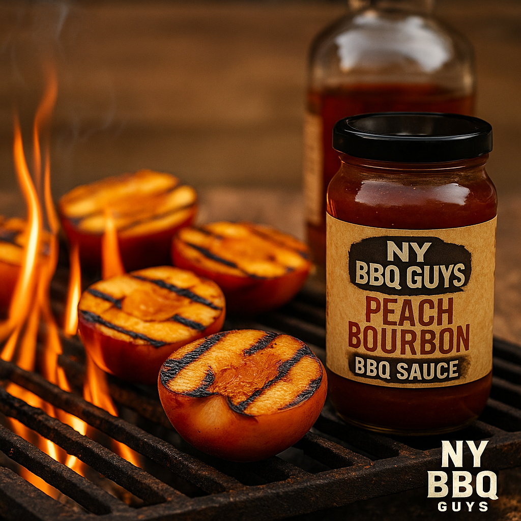 Grilled peaches on a grill with a jar of NY BBQ Guys Peach Bourbon BBQ Sauce.