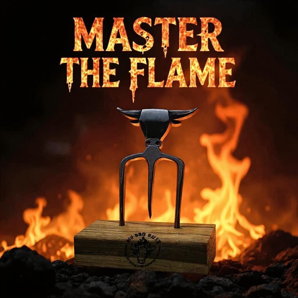 3 Prong Tirdent
metal tool on a wooden block with flames in the background and 'Master The Flame' text.