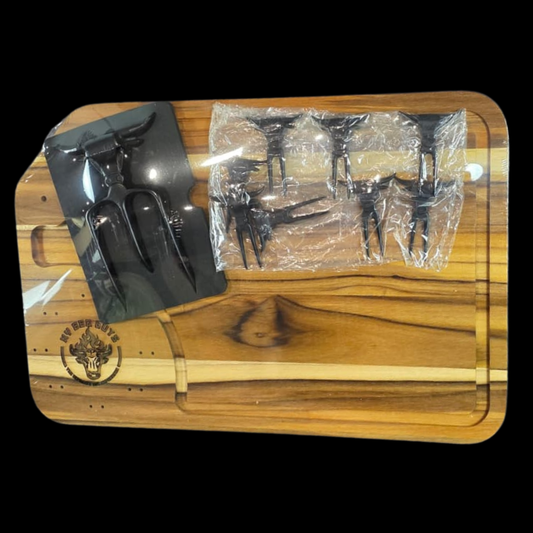 Wooden cutting board with black tools and a clear plastic bag on a black background