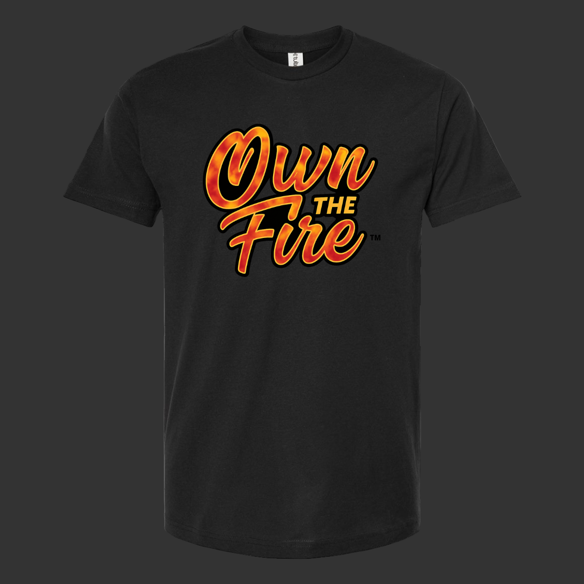 Black t-shirt with 'Own The Fire' text in orange and yellow on a white background