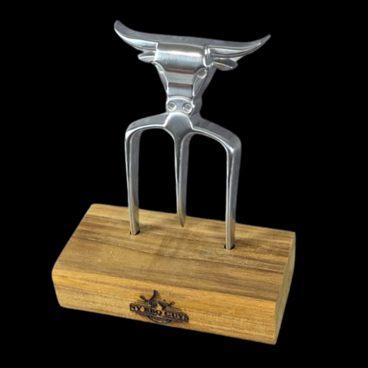 Trident 3 prong  fork-shaped tool on a wooden stand with 'My BBQ Guy' branding.