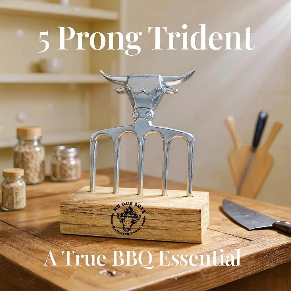 5 Prong Trident BBQ tool on a wooden stand with kitchen background