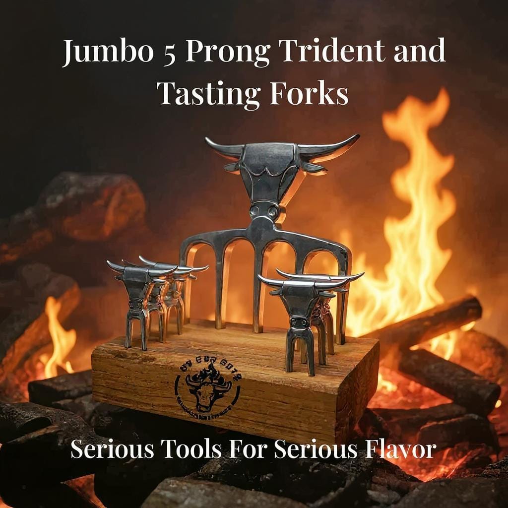 Set of jumbo 5 prong trident and tasting forks with a rustic design against a fire background.