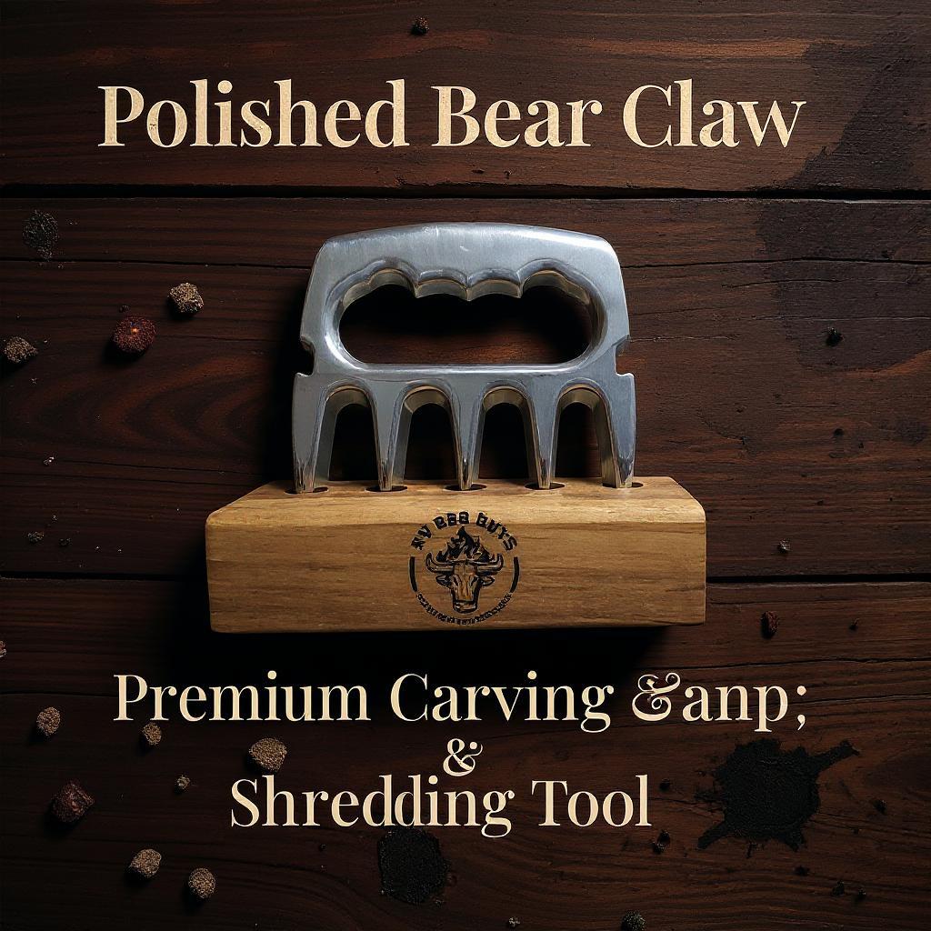 Polished Bear Claw carving tool on a wooden stand with text on a wooden background