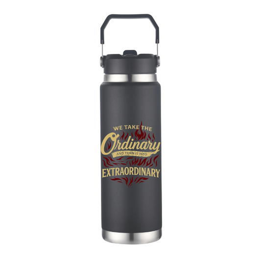 Black insulated bottle with motivational quote on a white background
