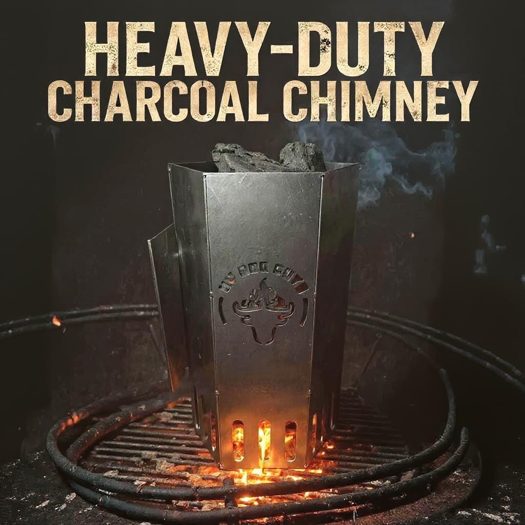 Heavy-duty charcoal chimney with flames and smoke on a dark background