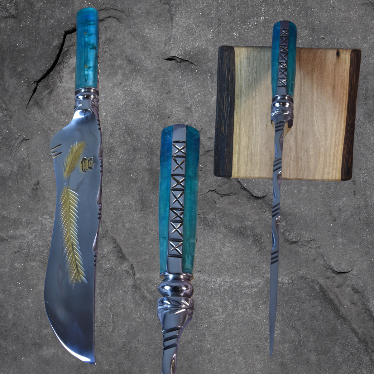 Partial Gold Artisan Knife with Turquoise resin handle 