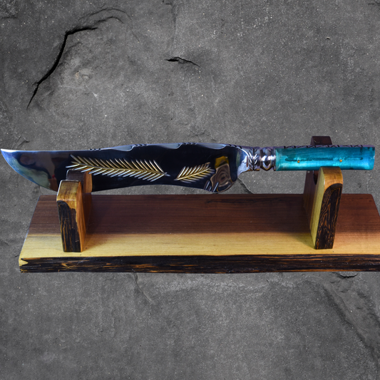 Decorative knife with a blue handle on a wooden stand against a gray background