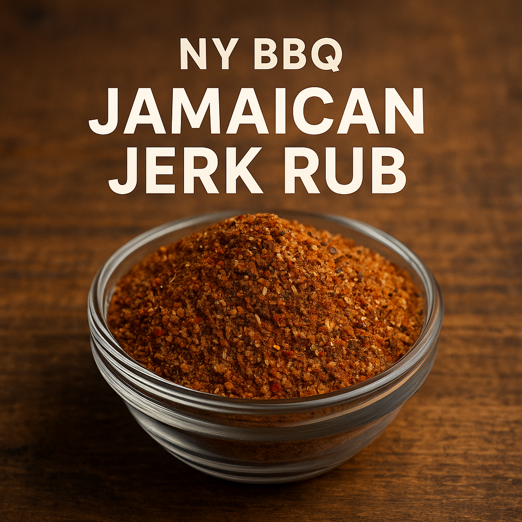 Bowl of Jamaican jerk rub with text 'NY BBQ Jamaican Jerk Rub' on a wooden background