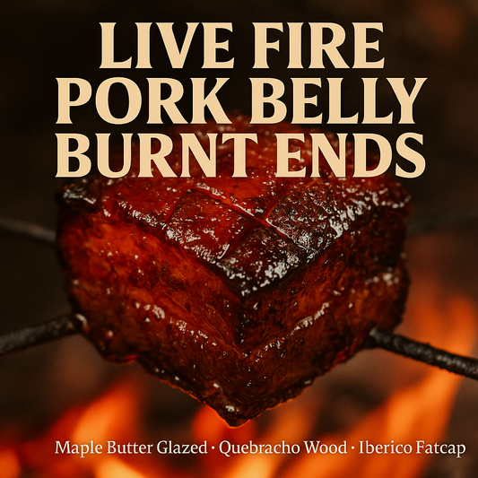 Maple butter glazed pork belly burnt ends on a skewer with flames in the background.