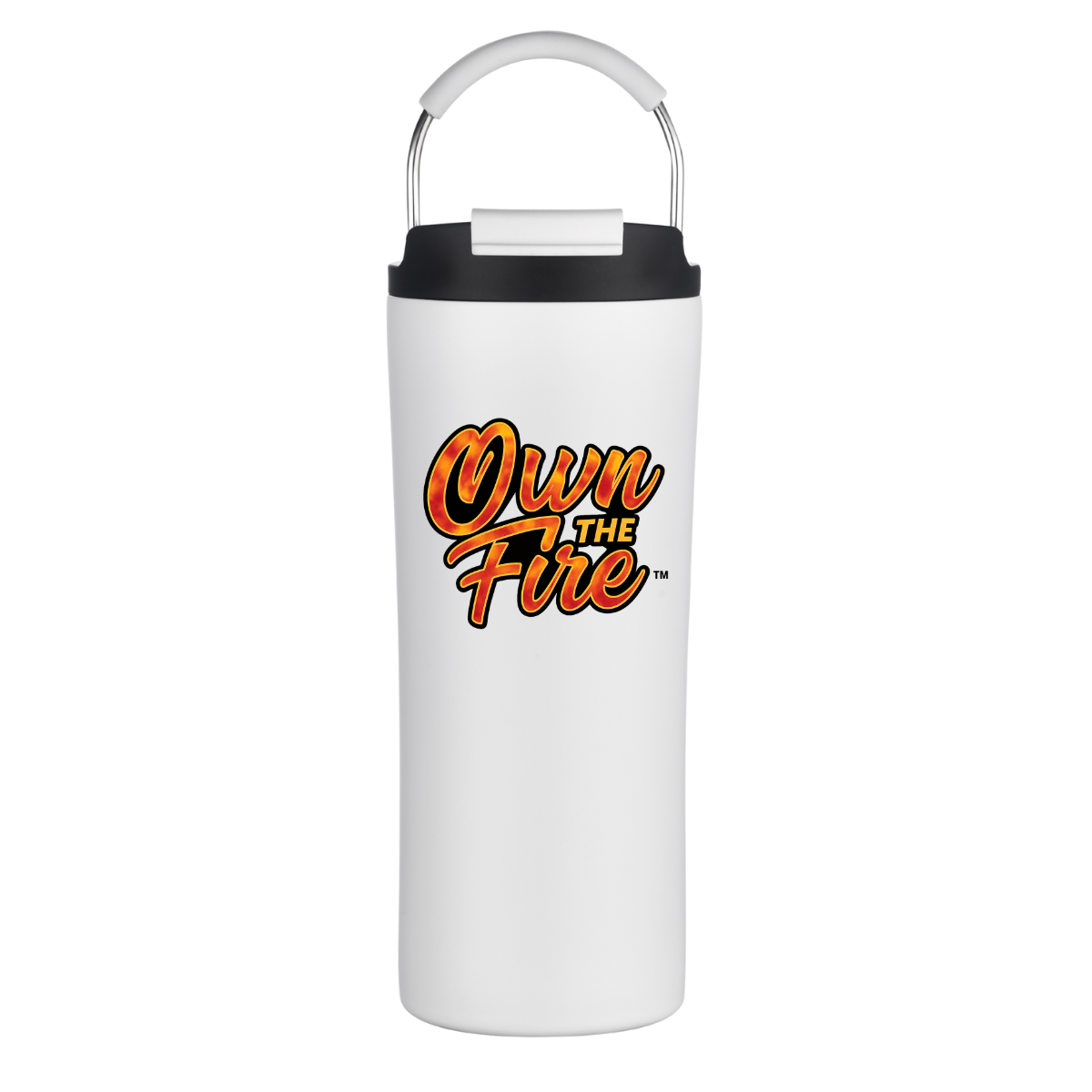 White insulated bottle with 'Own the Fire' logo on a white background