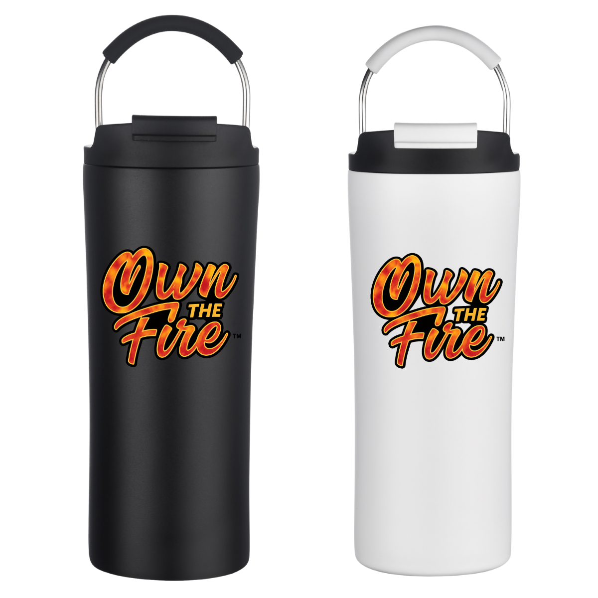 Black and white water bottles with 'Own The Fire' text on a white background