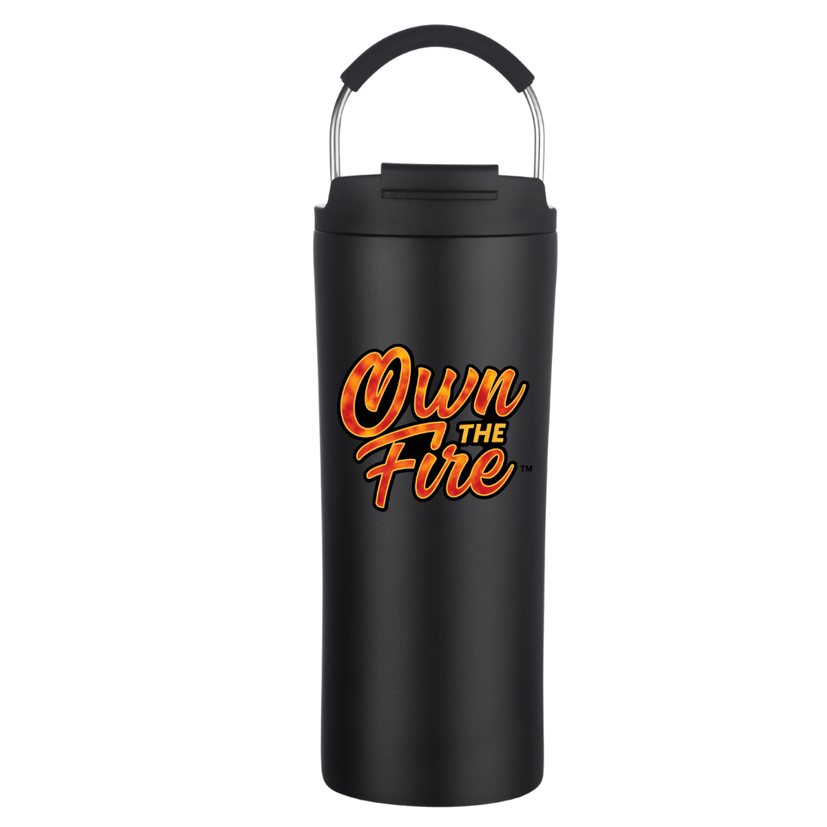 Black tumbler with 'Own the Fire' text on a white background