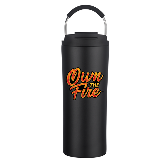 Black tumbler with 'Own the Fire' text on a white background