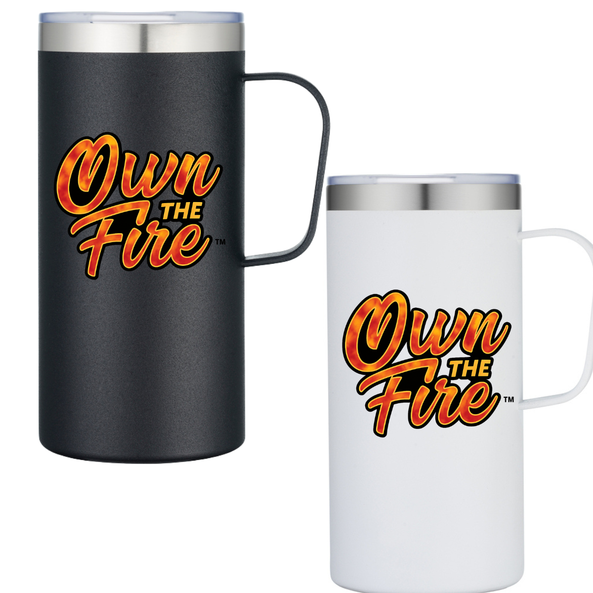 Two insulated mugs with 'Own The Fire' text on a white background