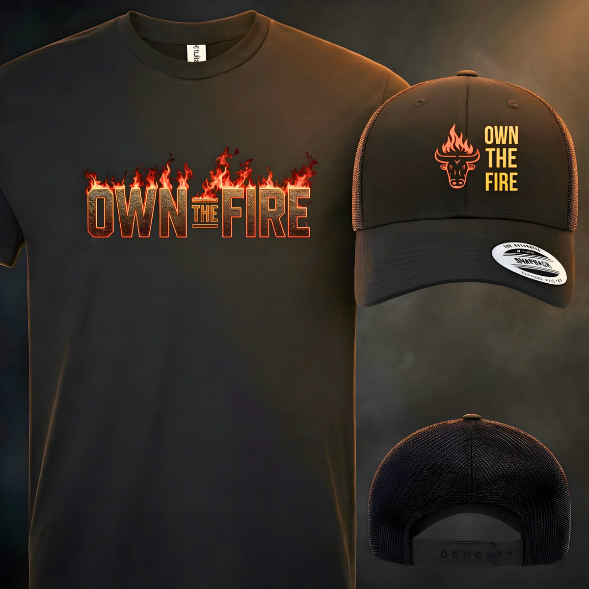 Black t-shirt and cap with 'OWN THE FIRE' design on a dark background