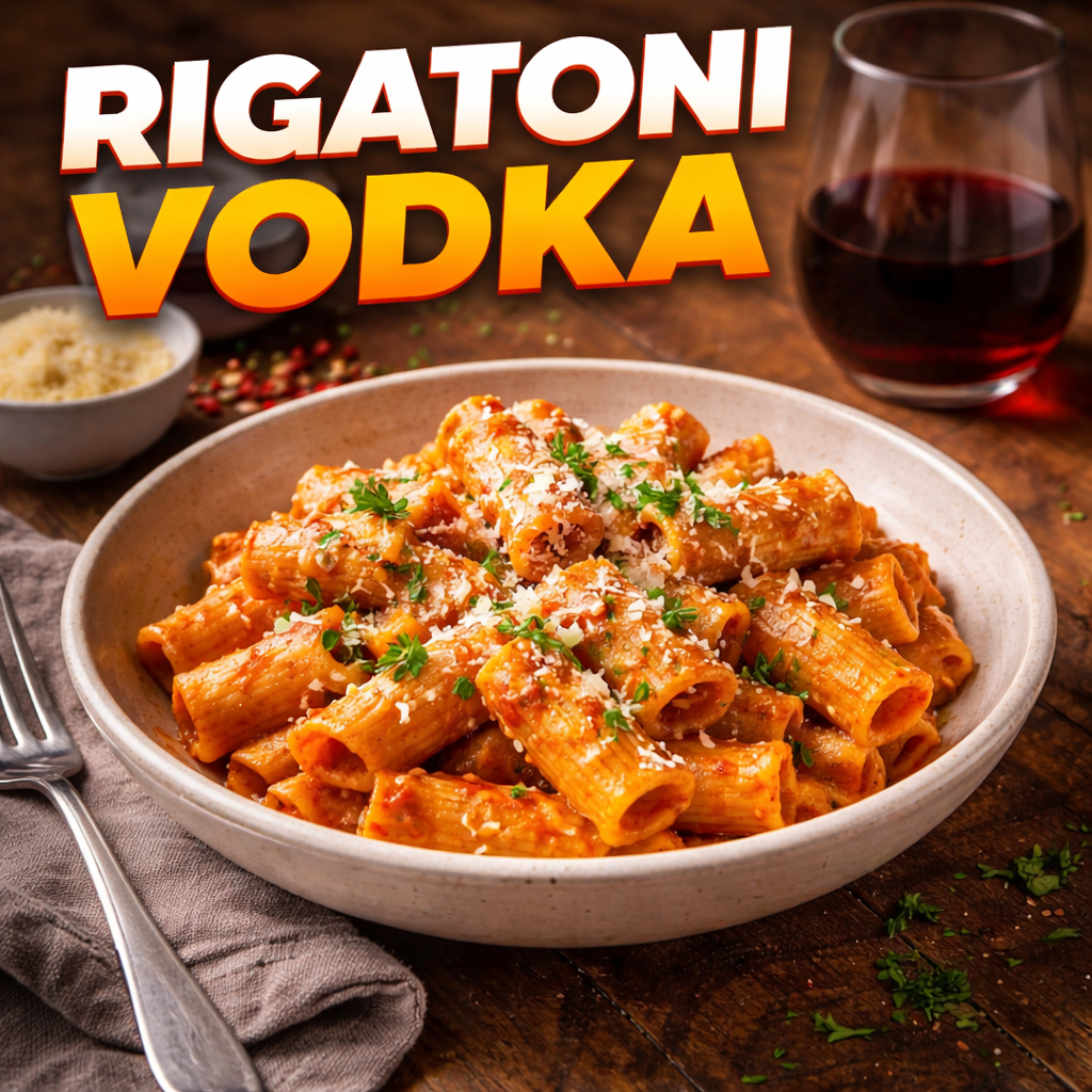 Plate of rigatoni alla vodka in a creamy tomato sauce, topped with freshly grated Parmesan cheese and herbs, served on a rustic wooden surface with a glass of red wine.