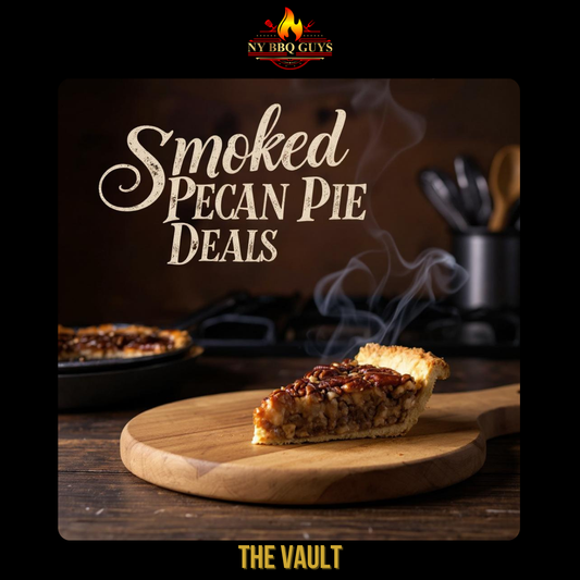 Slice of smoked pecan pie on a wooden board with 'Smoked Pecan Pie Deals' text and 'BBQ Guys' logo.