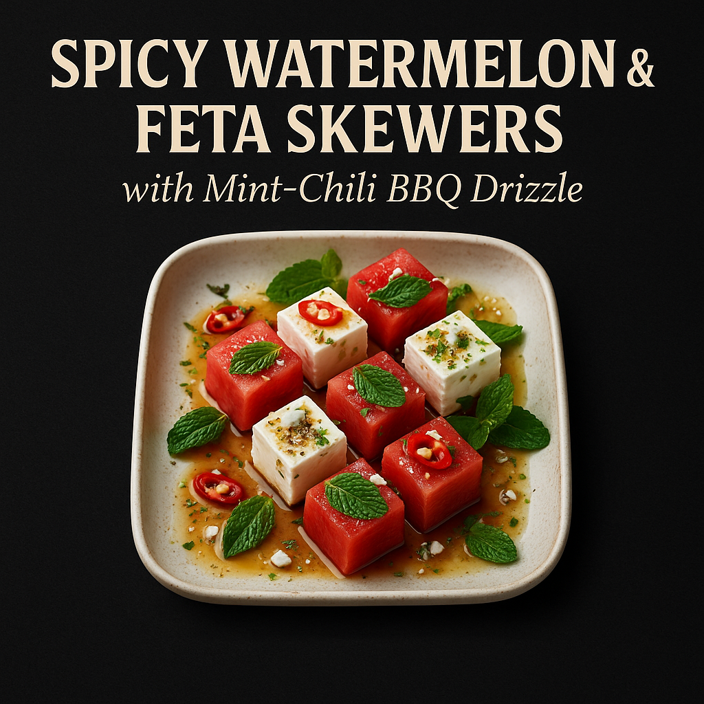 Spicy watermelon and feta skewers with mint-chili BBQ drizzle on a plate against a black background.