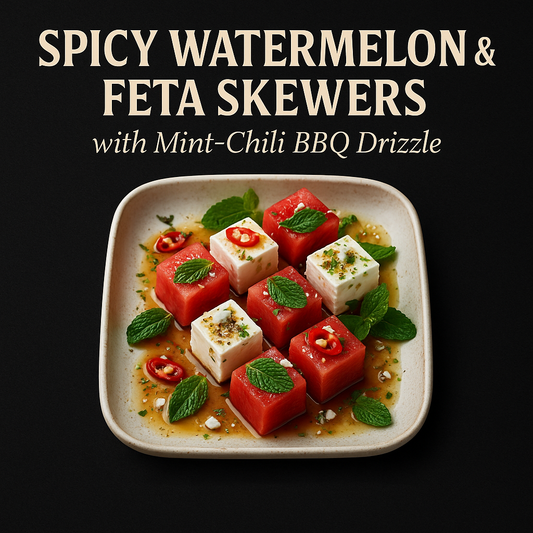 Spicy watermelon and feta skewers with mint-chili BBQ drizzle on a plate against a black background.