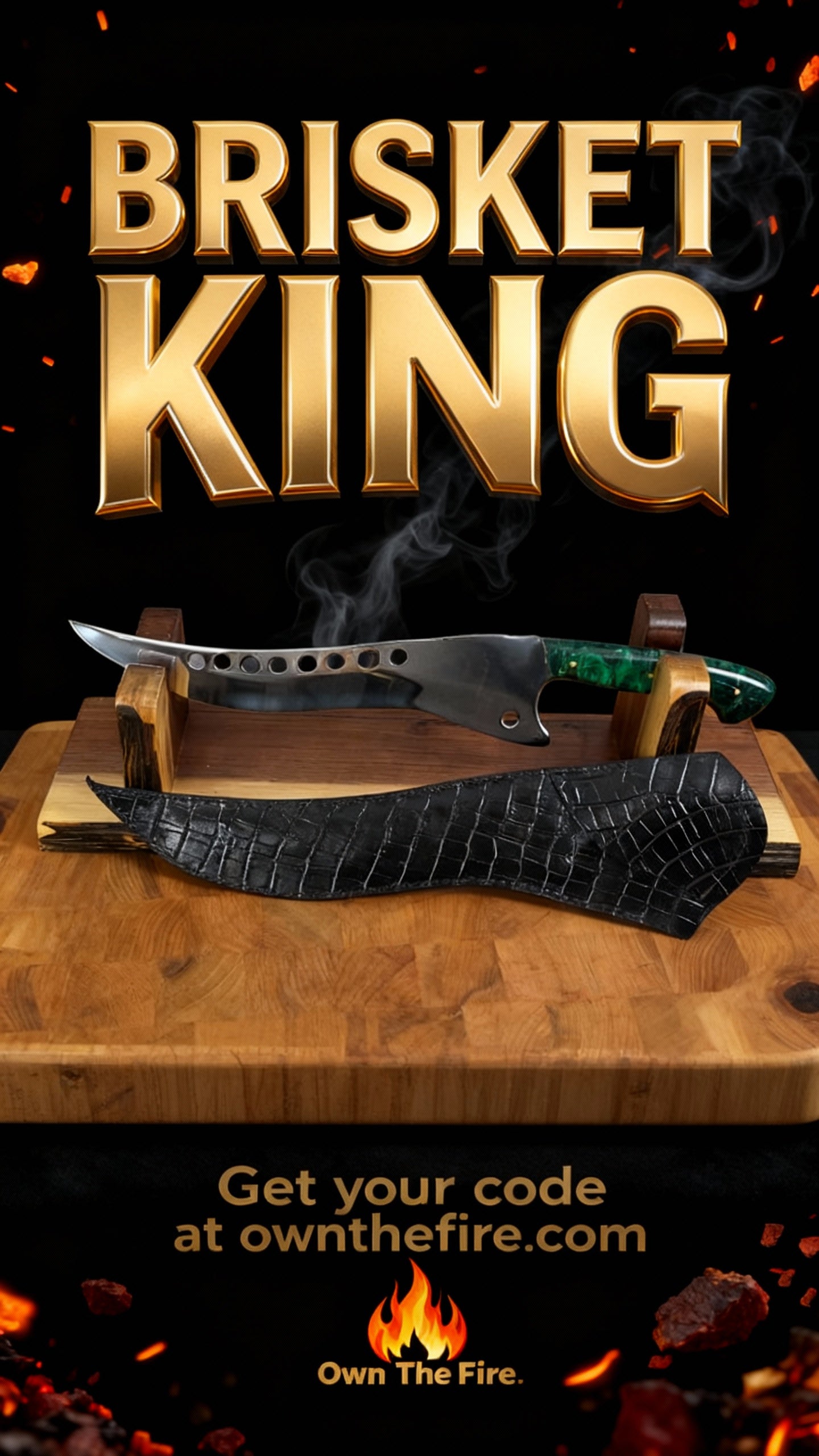 Brisket King branding with knives on a wooden cutting board against a dark background.