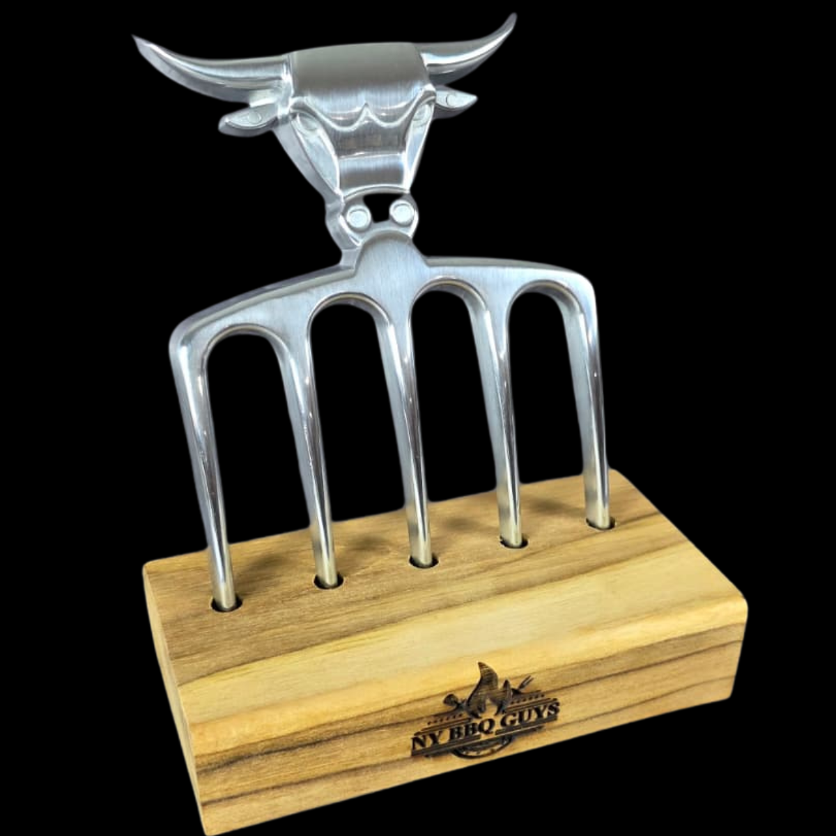 Metallic meat fork on a wooden stand with 'NY BBQ Guys' branding.