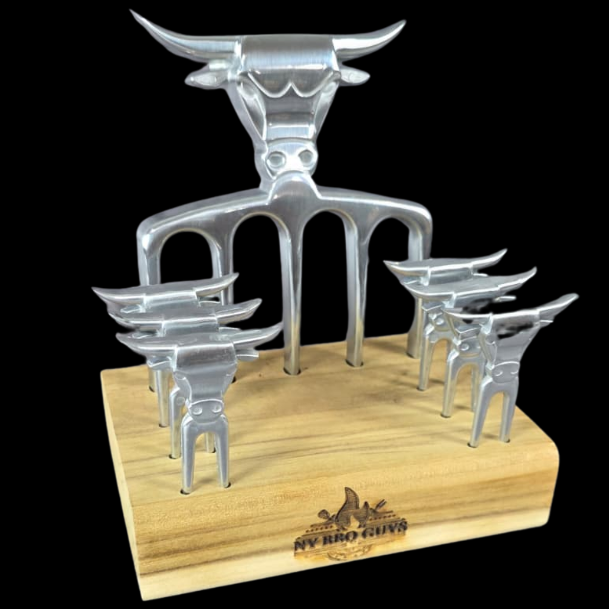 Metallic barbecue fork set on a wooden stand with 'Nubro Guva' branding.